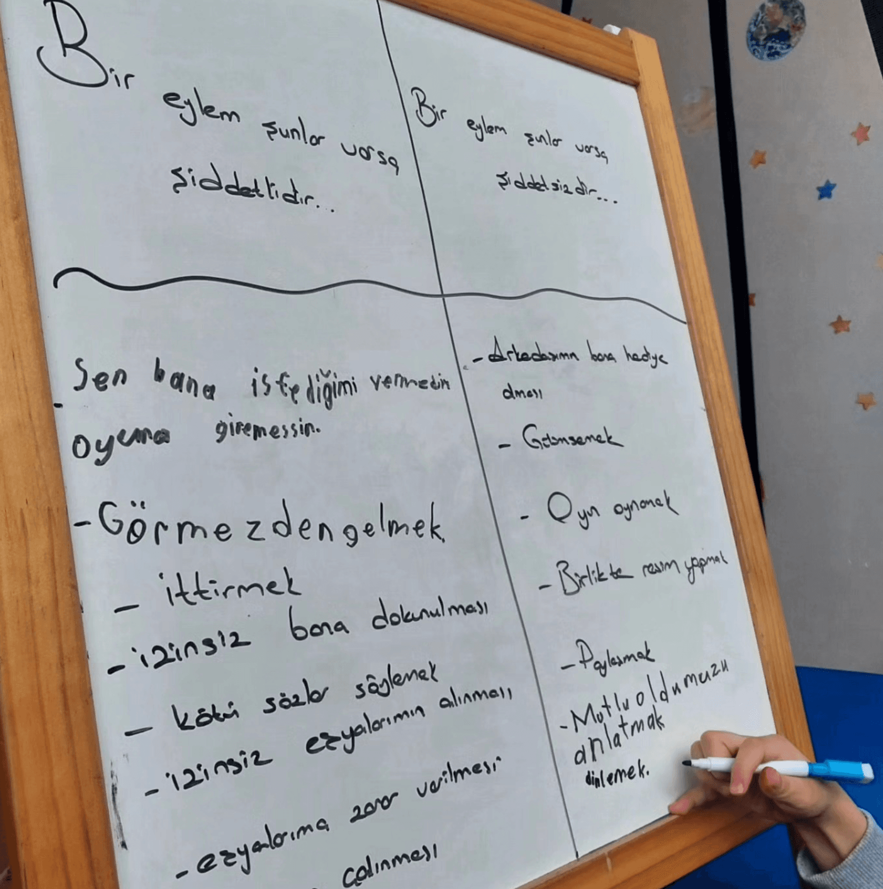 Toplumsal değişim ve bilinçlenme çalışmasında beyaz tahtaya birlikte notlar yazılıyor.